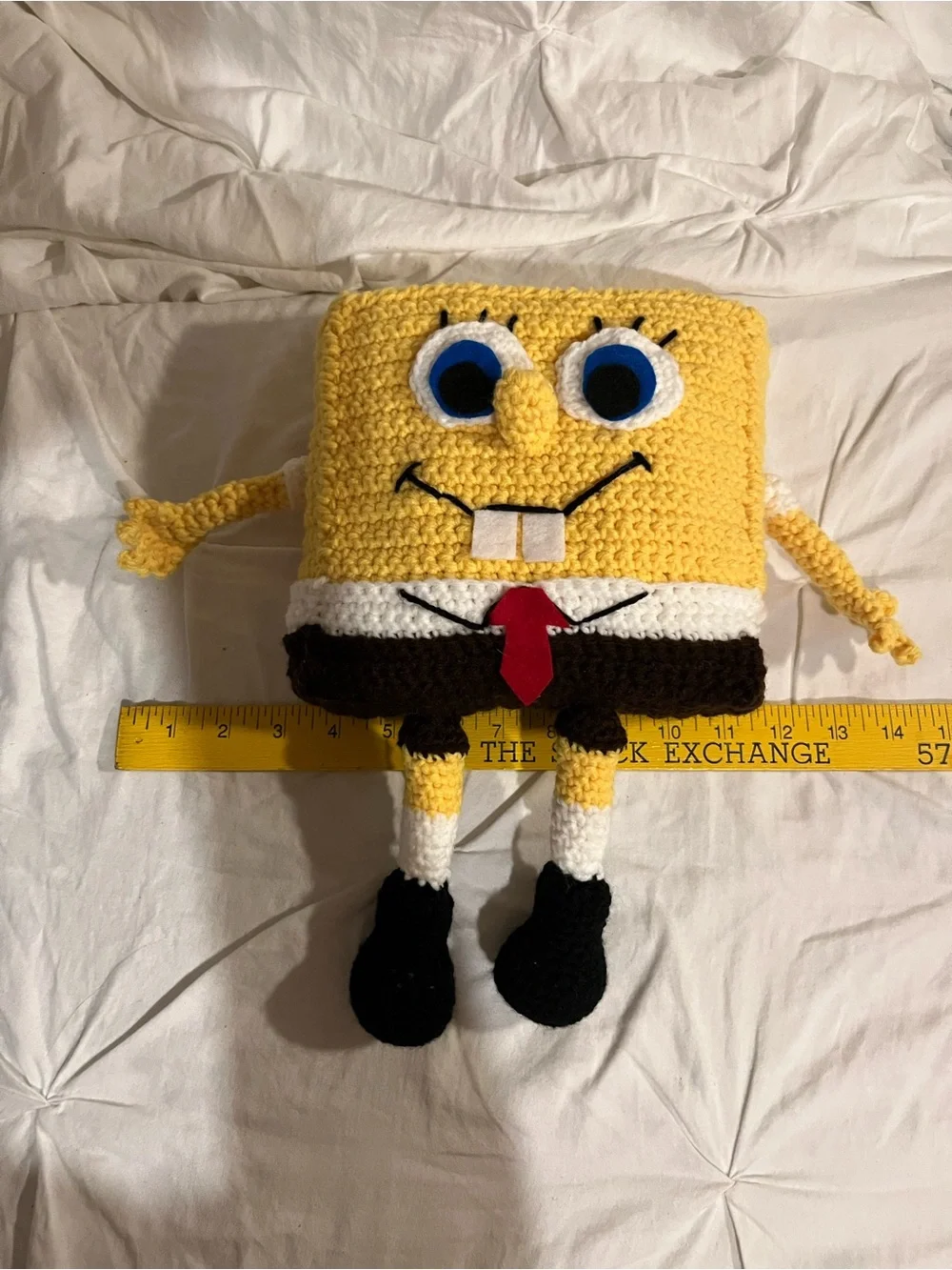 Handmade Yellow Character Crochet Plush Toy with Red Tie Sponge Bob